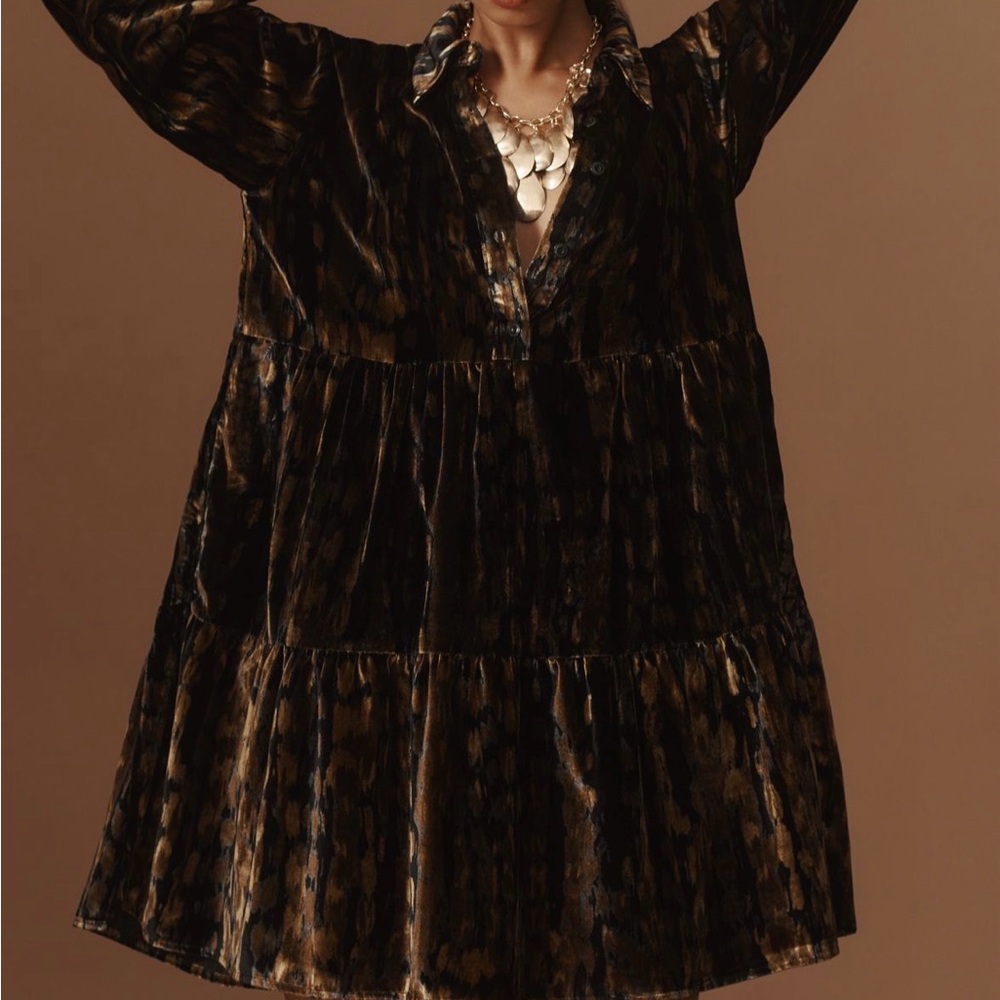 Anthropologie Bettina Velvet Tiered Mini Dress in Black and Brown